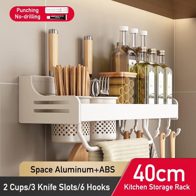 Kitchen Organizer Shelf Wall Mounted Spice Rack Seasoning Holder Dishcloth Towel Rack Knife Spoon Fork Shovel Storage Shelves