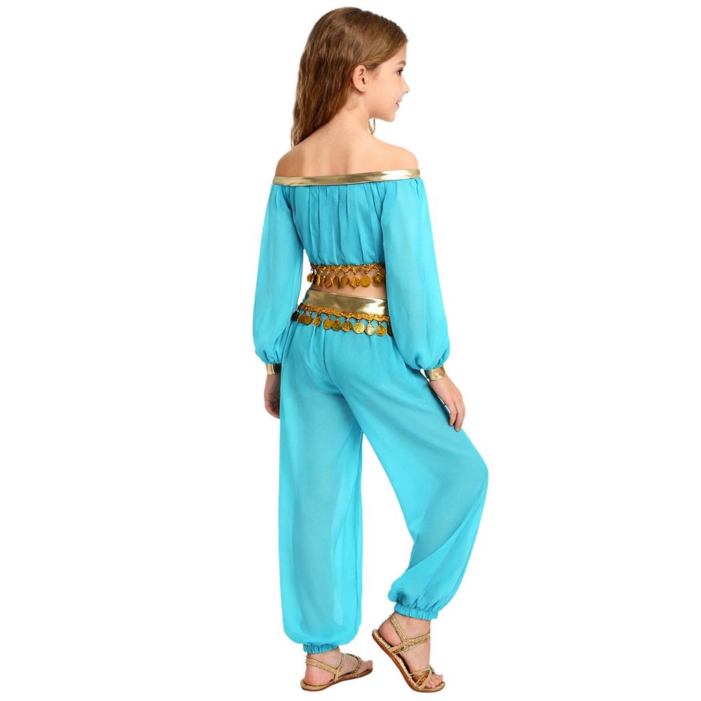 Костюм для восточных танцев для девочки Топ с пайетками и бахромой Брюки со встроенными трусиками Украшение стразами Наряд с длинным рукавом