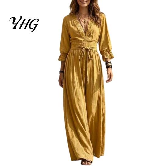 V Neck Lace Dress Women V-Neck for Fall, 3/4 Sleeves Maxi with Three Quarter Sleeve Belt, Solid Color Loose Casual Long Vacation Daily Wear Versatile