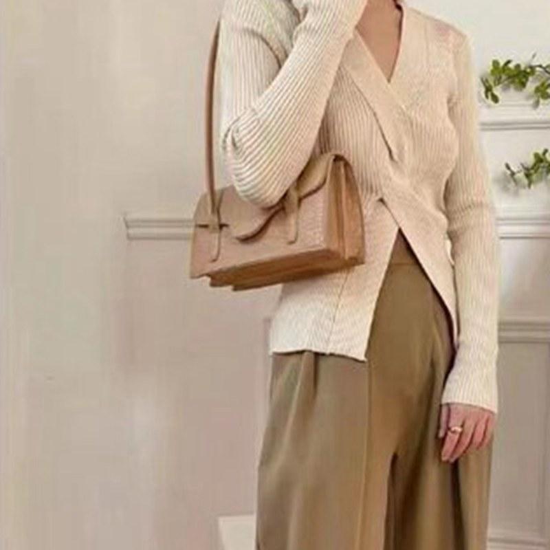 Женский вязаный нижний свитер Весна Осень V-образным вырезом сплошной цвет с длинным рукавом Дизайн Крест