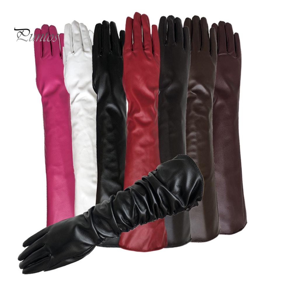 Fashion Lady Solid Color Faux Leather Full Finger Long Arm Gloves Stage Mittens