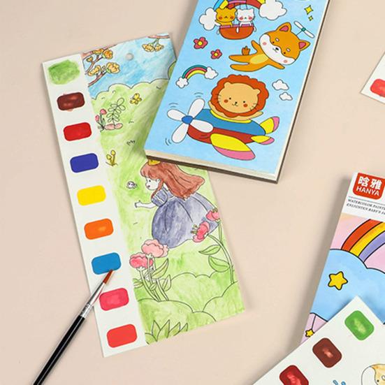 Детская акварельная раскраска 20 узоров сцен 9 цветных блоков кисти краски обучающая книга для рисования