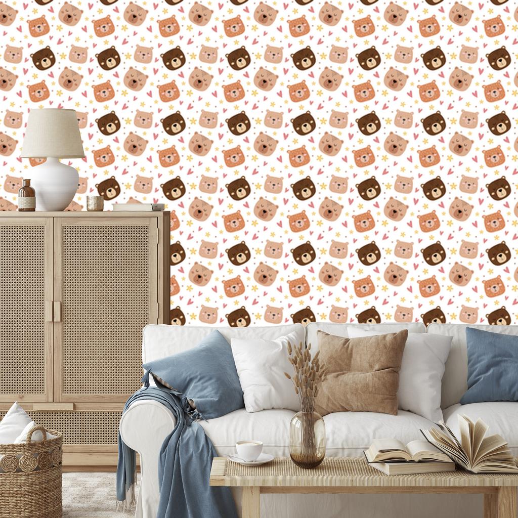 Bear Wallpaper white, cream, peach and orange 50x1000