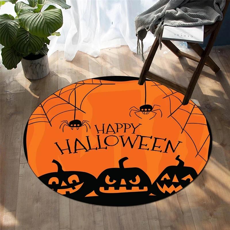 Happy Halloween Round Carpet Castle Bat Print Area Rug for Living Room Bedroom Chair Non Slip Horror Theme Floor Mats Yoga Mat