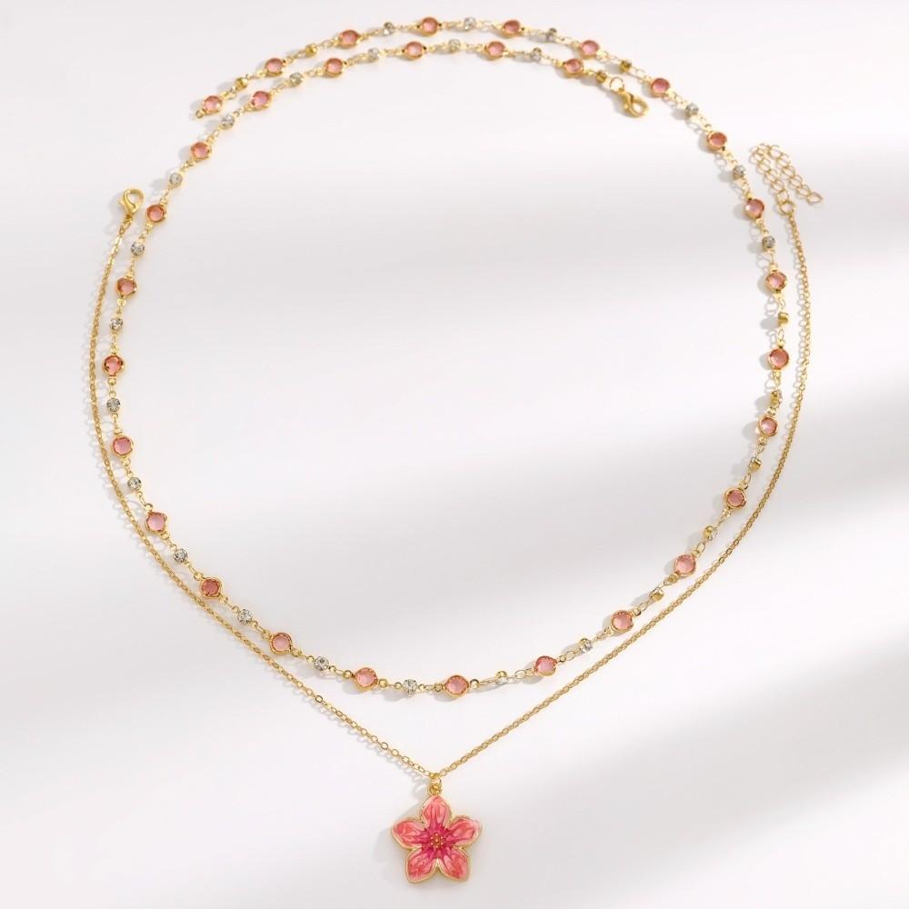 2Pcs/Set Double Layer Layered Necklace Pink Crystal Clavicle Chain Necklace Women Girl