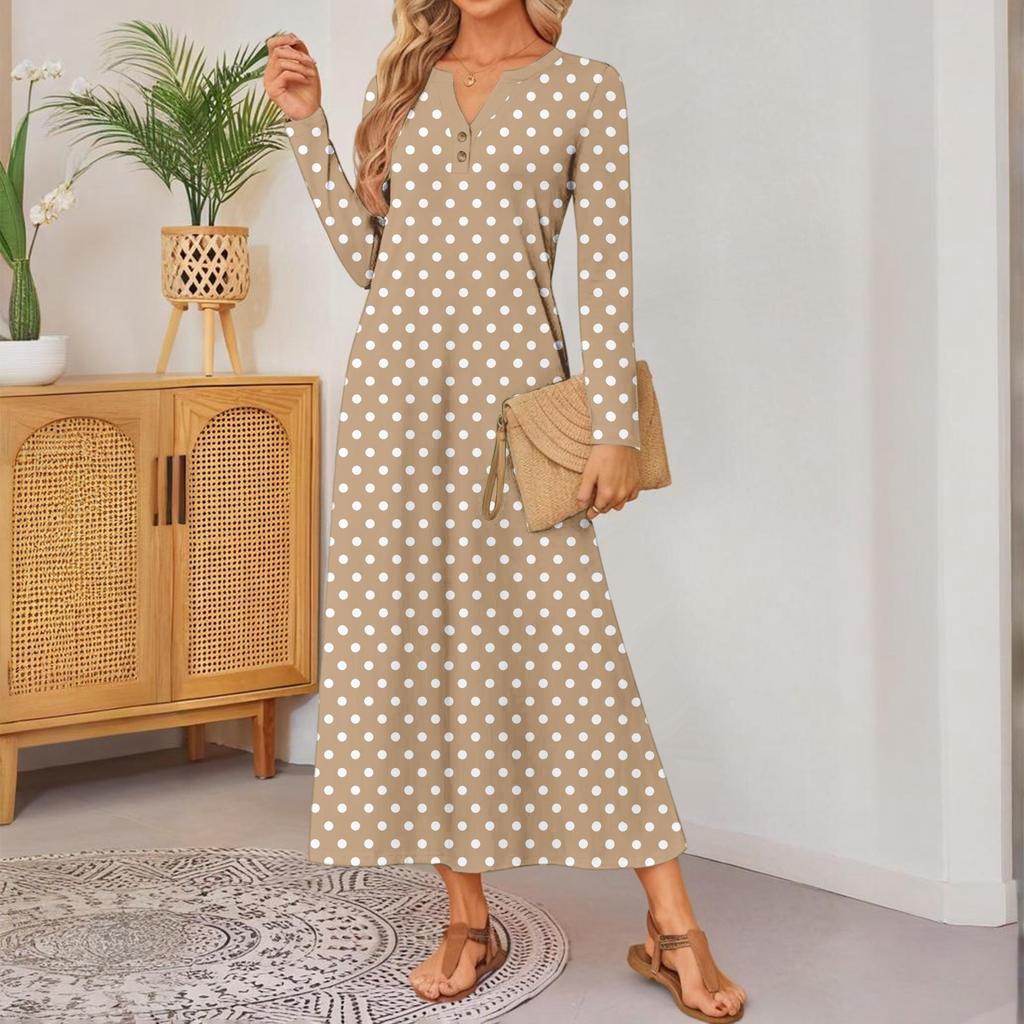 Women Polka Dot Printed Long-sleeved Comfortable Loose Dress, Elegant Dress