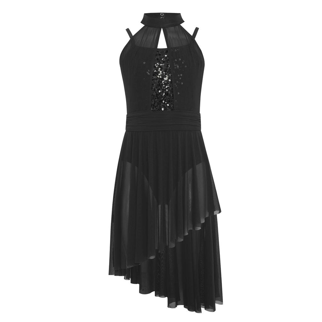 Girls Lyrical Performance Costume Shiny Sequins Sleeveless Asymmetrical Dance Dress with Sheer Mesh Skirt