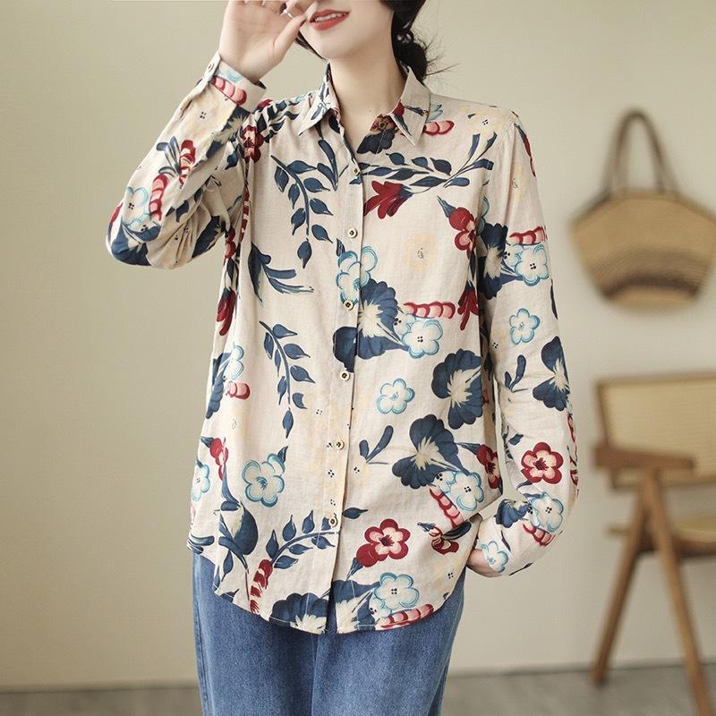 Cotton Linen Printed Floral Long Sleeved Shirt for Women Loose Slimming In Spring Autumn Retro Artistic Hong Kong Style Shirt Trendy Collar