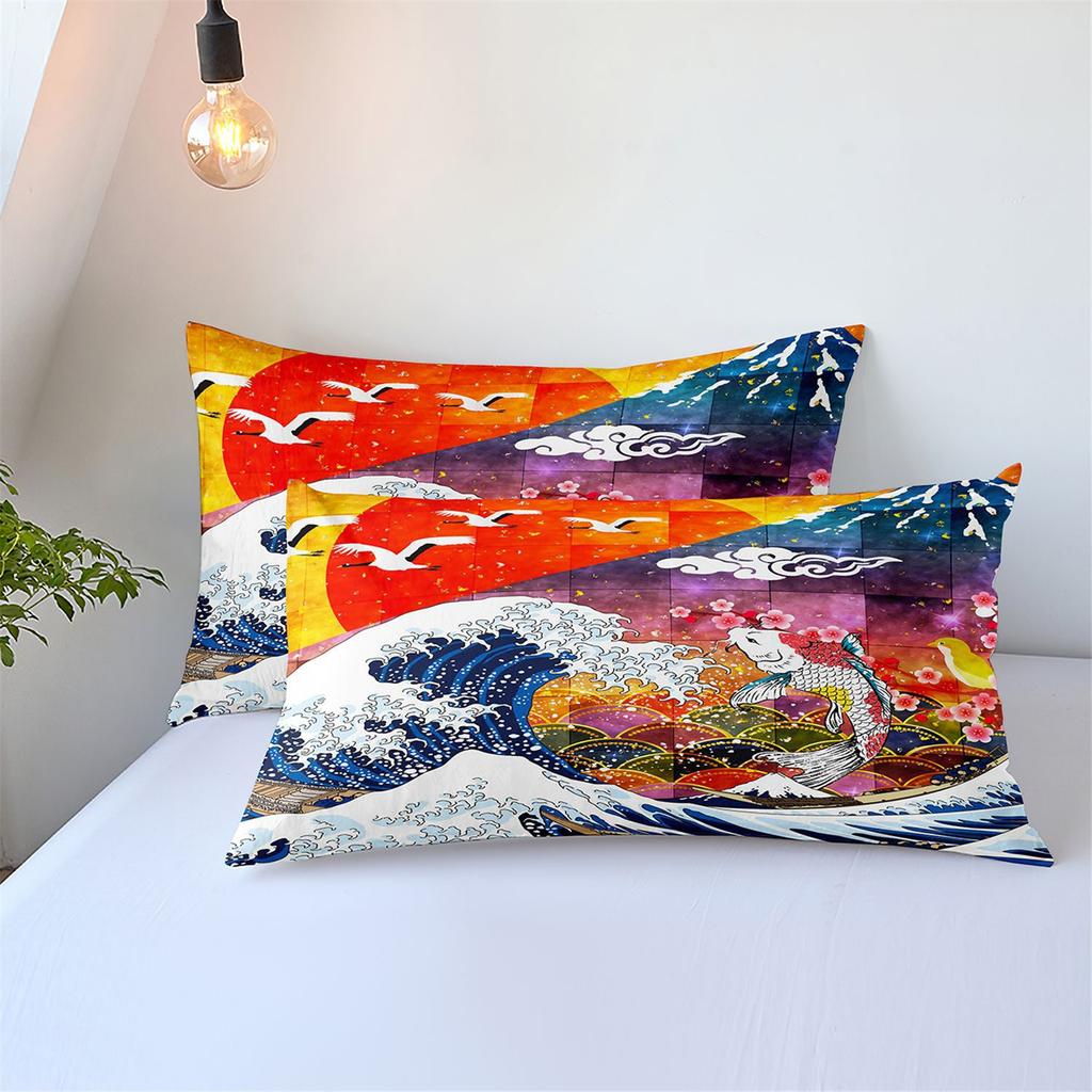 3D Three-Piece Ukiyo-E Painting Wave Flower Quilt Cover Digital Printing Bedding