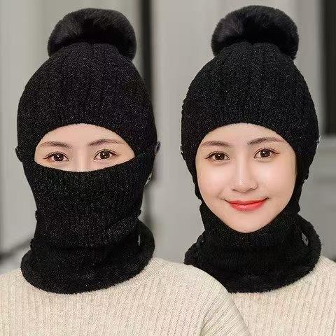 Autumn and winter hats women's knitted cold-proof hats, scarves, one-piece face protection masks, hats, scarves, solid-color velvet thermal hats.