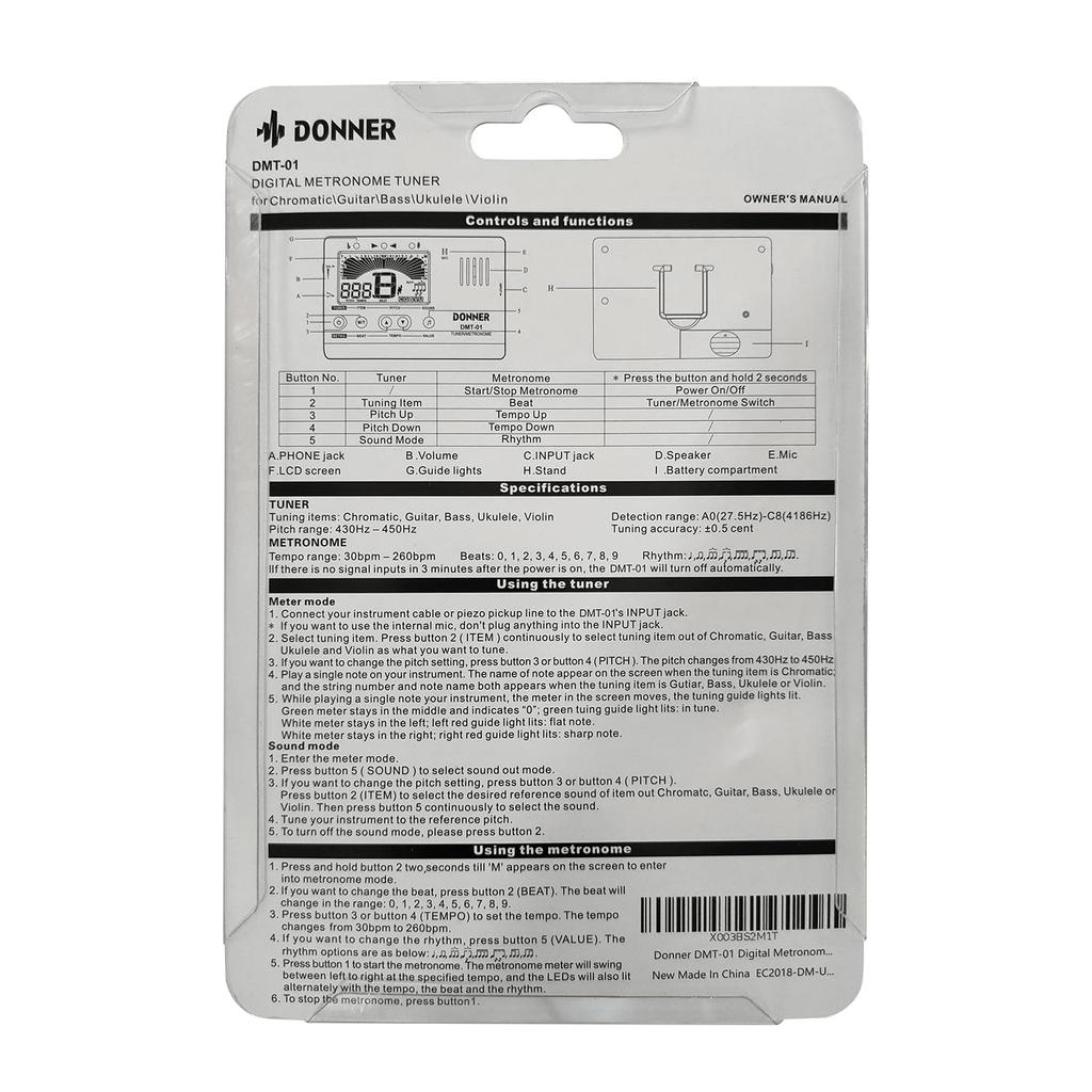 Donner Цифровой метроном-тюнер, генератор тона 3 в 1 для инструментов гитара/фортепиано/труба/хроматический DMT-01