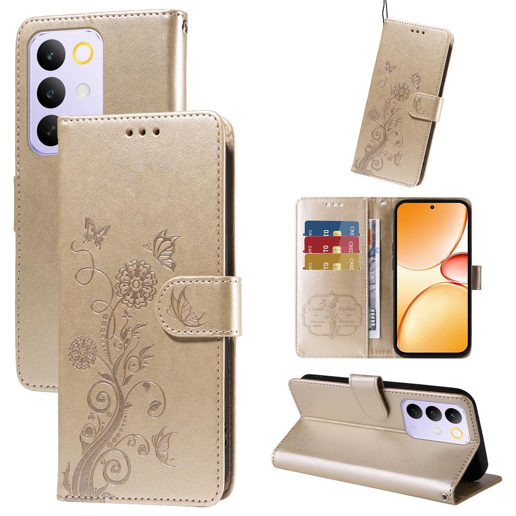 Для Realme C85 Pro 4G Кожаный чехол-книжка с принтом бабочек и цветов, с подставкой