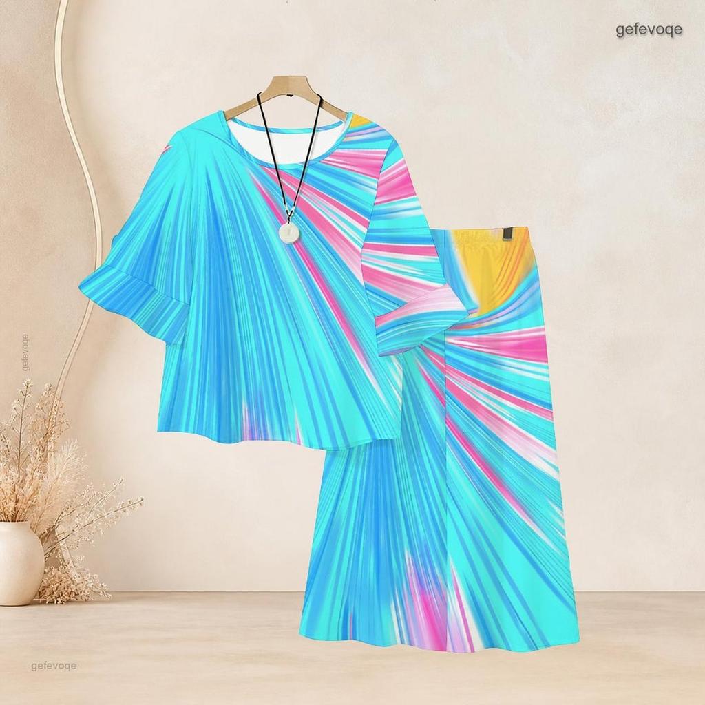 Women Plus Size Round Neck Flared Half Sleeve Green Printed Top And Long Pants Two Piece Set