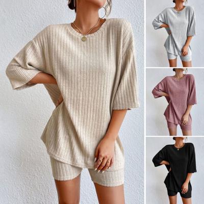 Женский летний спортивный костюм из 2 предметов с круглым вырезом и короткими рукавами, тонкий топ в американском стиле, шорты с высокой талией, спортивный костюм, летняя одежда для йоги