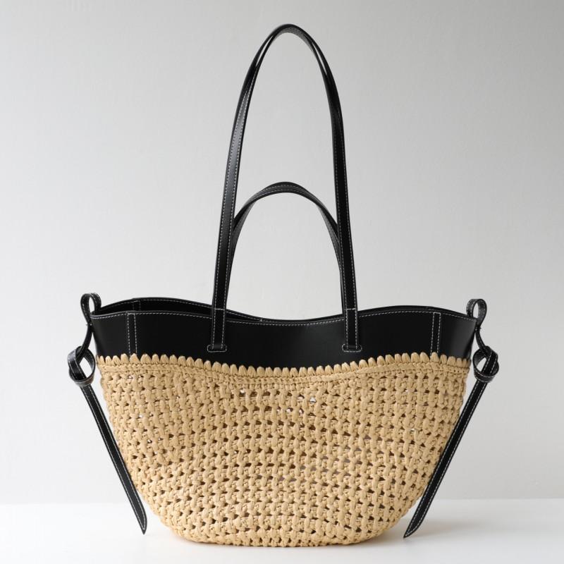 Large Woven Straw Crossbody Bag With Leather Trim Open Top Beach Tote Vacation Lightweight Casual Handbag