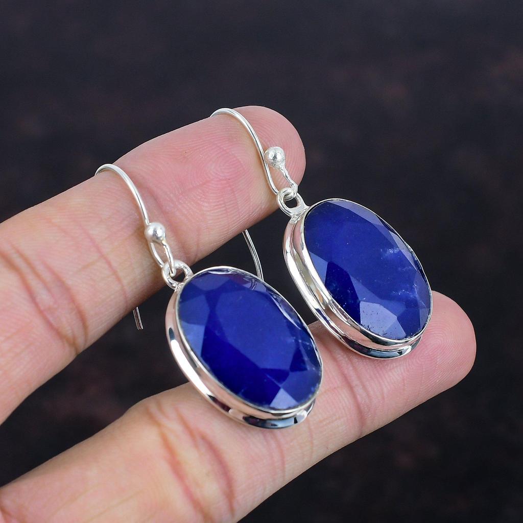 Faceted Blue Sapphire Earring 925 Sterling Silver Earring Gemstone Earrings Blue Sapphire Handmade Jewelry Antique Drop Earring Gift For Mom