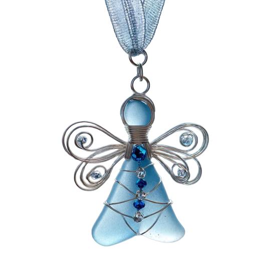 Ангел из морского стекла ручной работы, прибрежное рождественское украшение, искусство из морского стекла, памятный сувенир, ангел, обернутый проволокой, украшение для рождественской елки, для праздничного домашнего декора