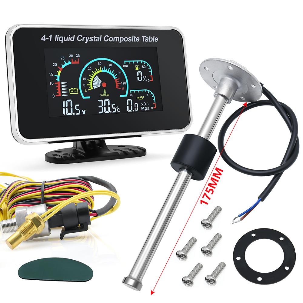 Digital Car 4 In 1 Gauge Oil Pressure Water Temp Fuel Level Voltage Gauge With Sensors (Option) LCD Meter For Car Truck 12V 24V