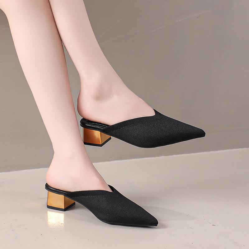 Летние Осенние Популярные Женские Модные Остроносые Вязаные Эластичные Ретро Обертывающие Голову Полуботинки Универсальные На Толстом Каблуке Крутые Шлепанцы