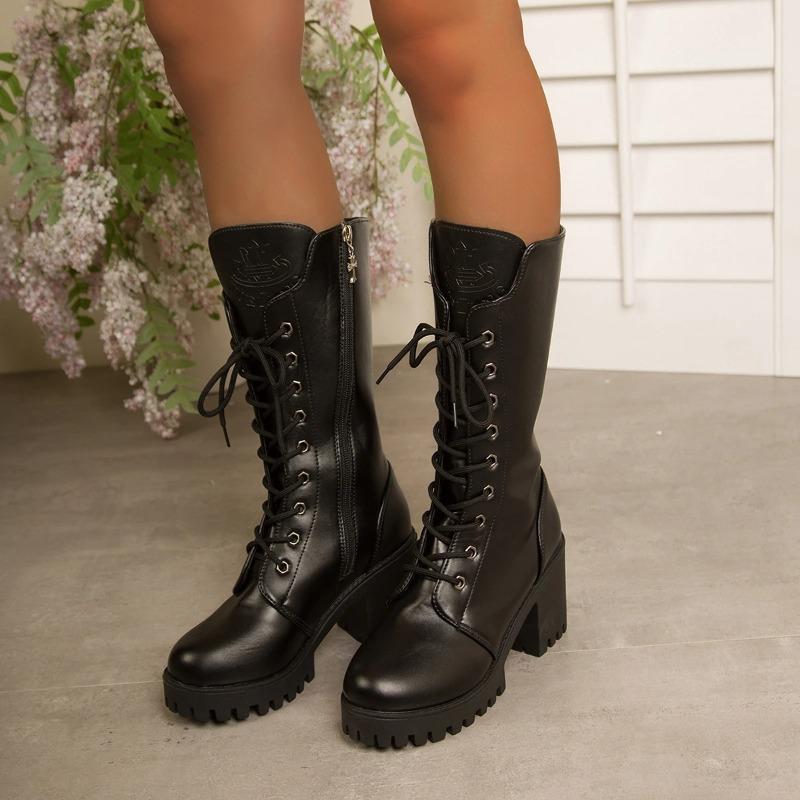 Модные И Универсальные Сапоги До Середины Икры Женские Сапоги Для Осени И Зимы Толстая Подошва Круглый Носок И Массивный Каблук