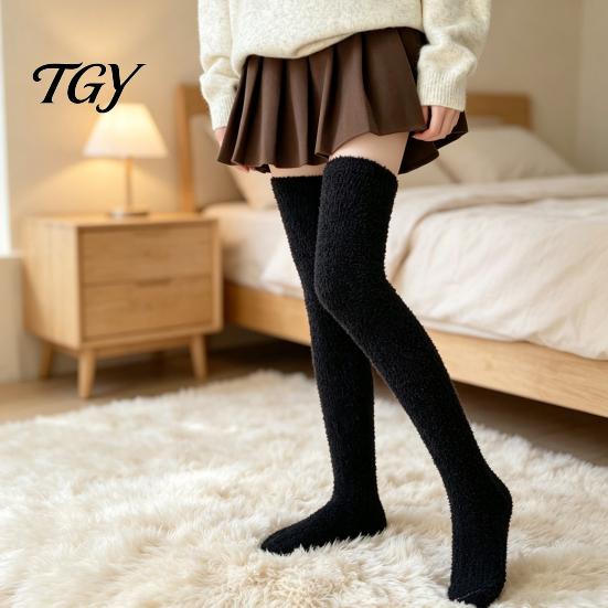 Soft Fleece Sleep Socks 1 Pair Fuzzy Thigh High for Women, Long Fluffy Skin Friendly Plush Hosiery Leg Warmer, Thickened Over The Knee Stockings,
