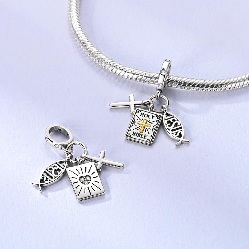 Religious Jesus Cross Genuine Copper Holy Bible Scriptures Pendant Piece Suitable For Authentic Charm Bracelets Women Jewelry Creation Present