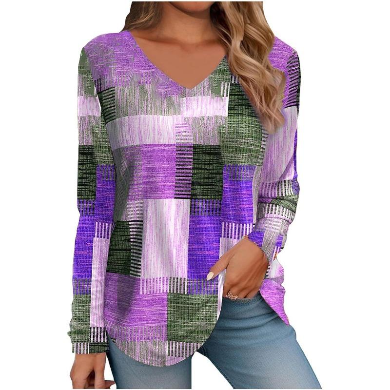 Womens Long Sleeve Tops V Neck Shirts Casual 3D Flower Print Basic Trendy Tee Blouses Fall Tunic Outfits Fitted T Shirts