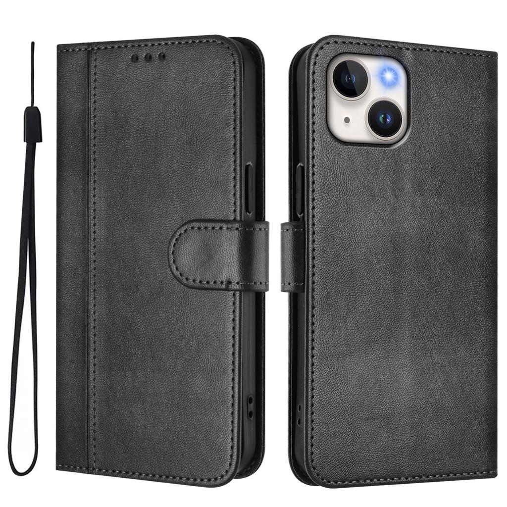 For iPhone 15 Cases Wallet Stand Retro Texture Leather Phone Cover with Lanyard