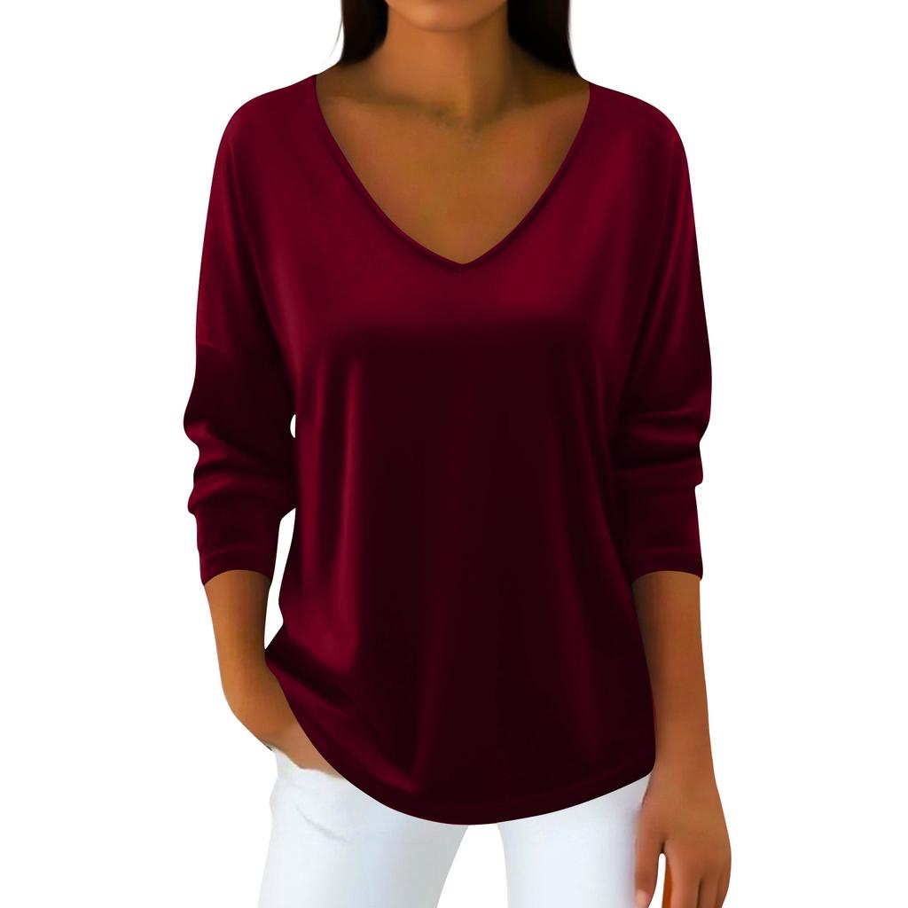 Women's V-neck Plush Collar  Long-sleeved Pullover T-shirt Top