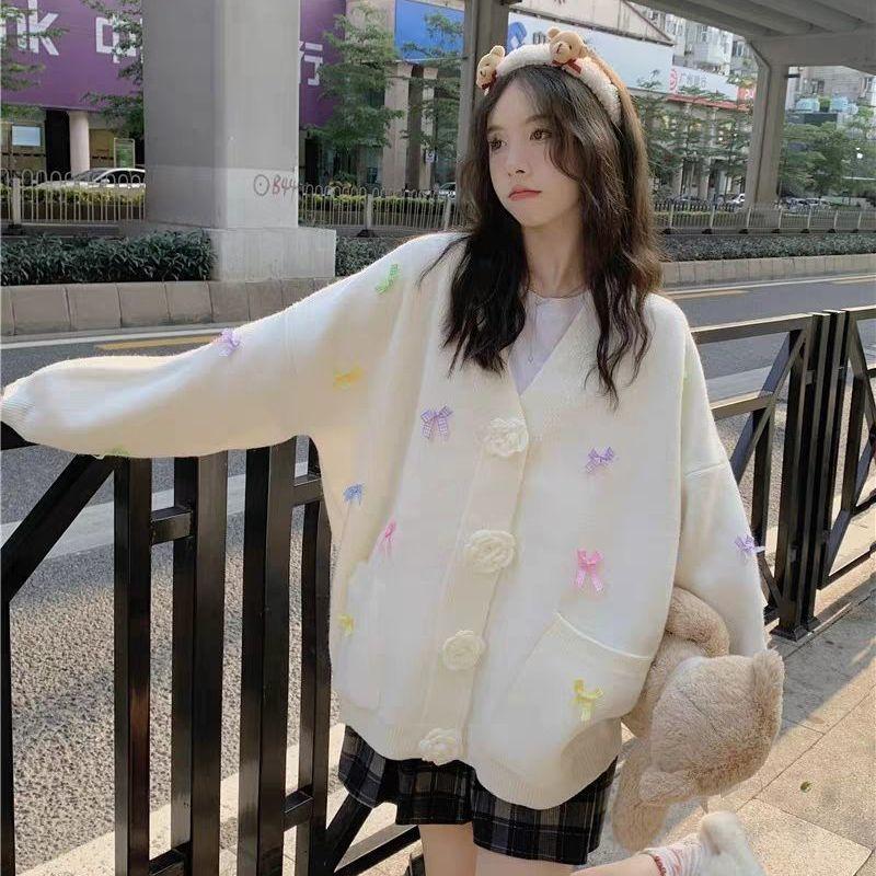 3D цветочный кардиган для женщин однотонный длинный рукав свободный бант женский свитер V-образный вырез повседневная женская верхняя одежда топы