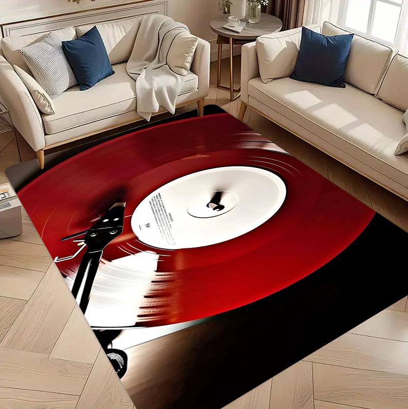 Retro Red Vinyl Record Player Area Rug Music Turntable Print Washable Non-Slip Carpet Doormat for Living Room Bedroom Studio