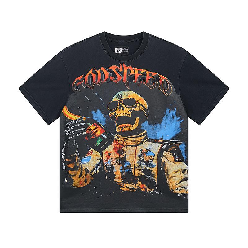 Cross-border trendy brand GS Skull Band Alphabet Printing Washing Water Short Sleeve Loose T-Shirt Men's and Women's High Street Retro Half Sleeve
