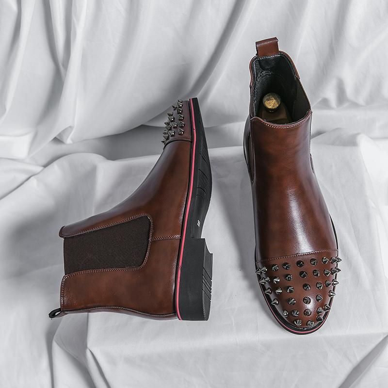 Мужские мотоциклетные ботинки Wingtip Dress Punk Leather Chelsea Boots Rivet Tuxedo Street Style Shoes Plus Size