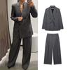 Women Fashion Vintage Blazer Suits Duoble Breasted Pockets Jacket High Waist Long Trousers Office Lady Two Piece Set