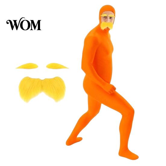 Cosplay Party Suit Face Open Halloween Costume, Unisex Full Body Orange Bodysuit with Beard Comfortable Costume Eyebrows for Men Women, Adult Stretchy