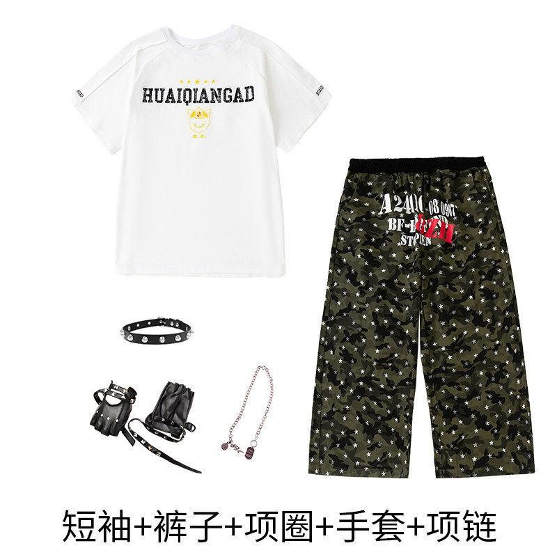 Kids Hip Hop Dance Outfit Set Boy Girl Loose Streetwear Performance Costume Cotton Short Sleeve Top Camo Pants