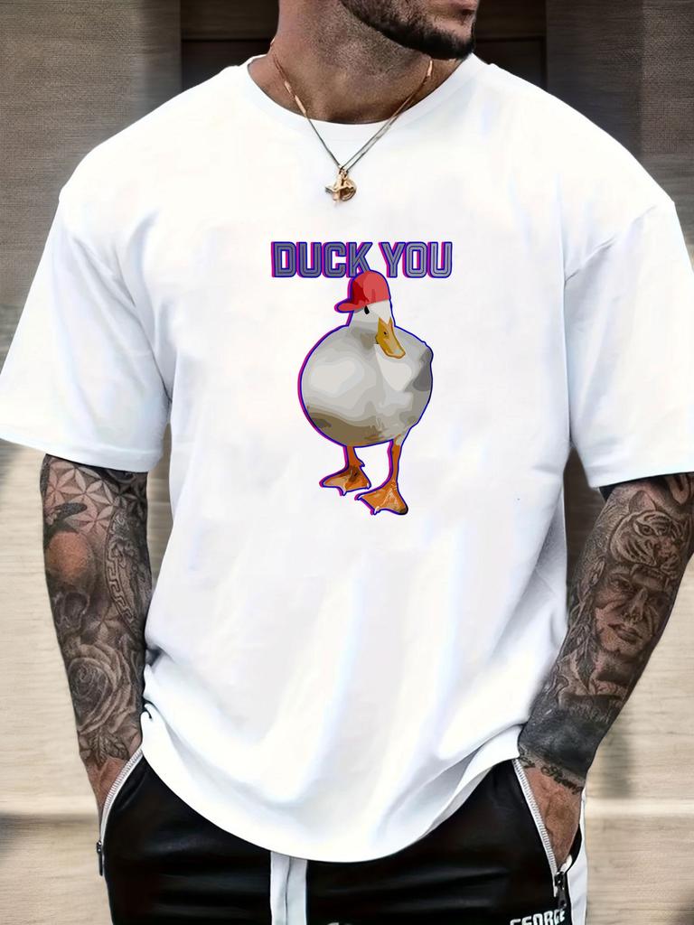 Мужская смешная хлопковая футболка с принтом утки DUCK YOU Красная шапка Узор с утками Короткий рукав Дышащая Удобный крой Повседневный Топ