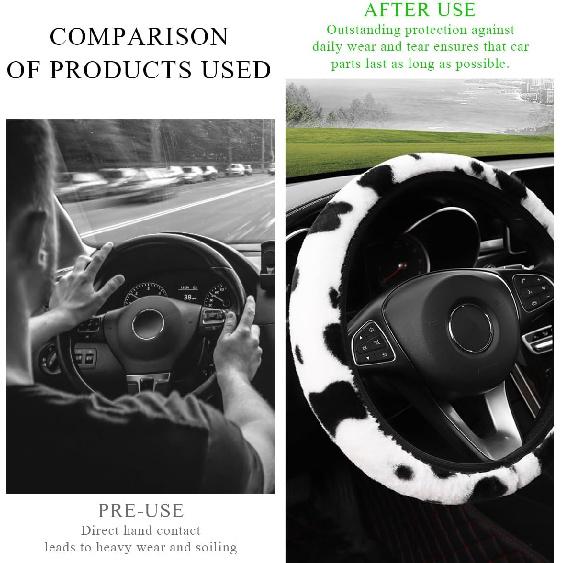 Cow Print Car Accessories Set, Soft Fluffy Plush Cute Cow Steering Wheel Cover & Handbrake Cover, Warm Furry Cow Print Armrest Mat & Shift Gear