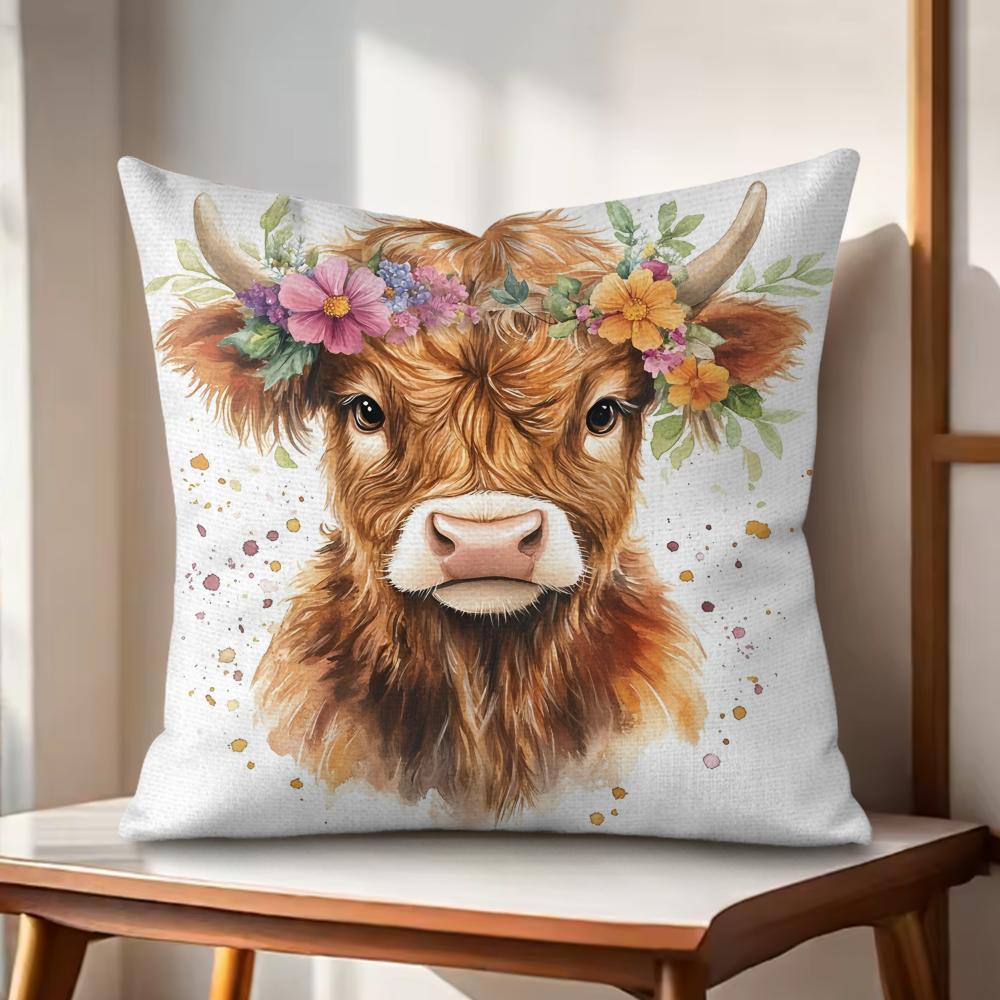 Highland cow  flower Cushion Cover Natural Linen Organic Fabric DoubleSided Printing Couch Pillow Covers Home Decor Gift
