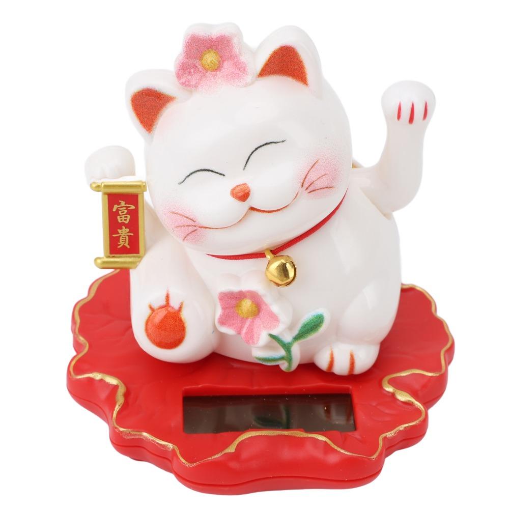 White Solar Waving Cat Ornament 3in Solar Feng Shui Cat Figurine Living Room Tabletop Statue