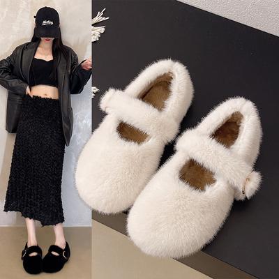 Сладкие пушистые туфли для женской зимы, новые бархатные туфли-бини, с неглубоким вырезом и плоской подошвой, теплые хлопковые туфли для женщин