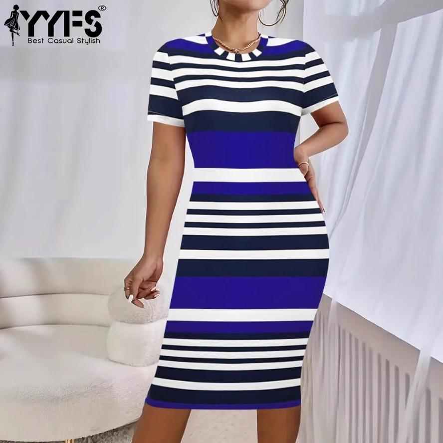 YYFS Women's Fashion Summer Spring Stripe Print Short Sleeve O-Neck High Waist Casual Dresses