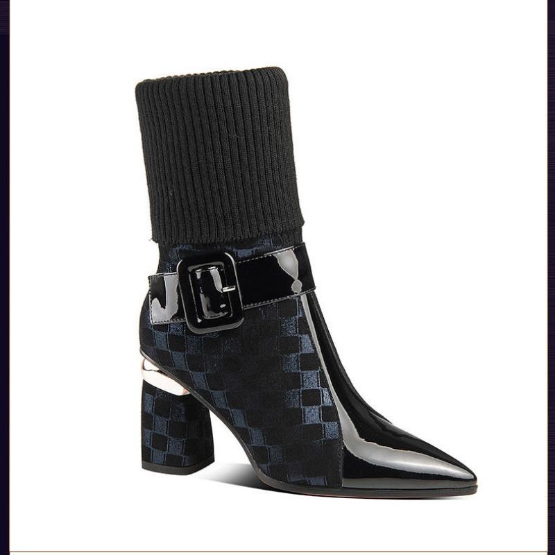 Женская обувь Стиль Толстый каблук Эластичная ткань Женские сапоги Зимние остроносые молния Модные сапоги на высоком каблуке Женские