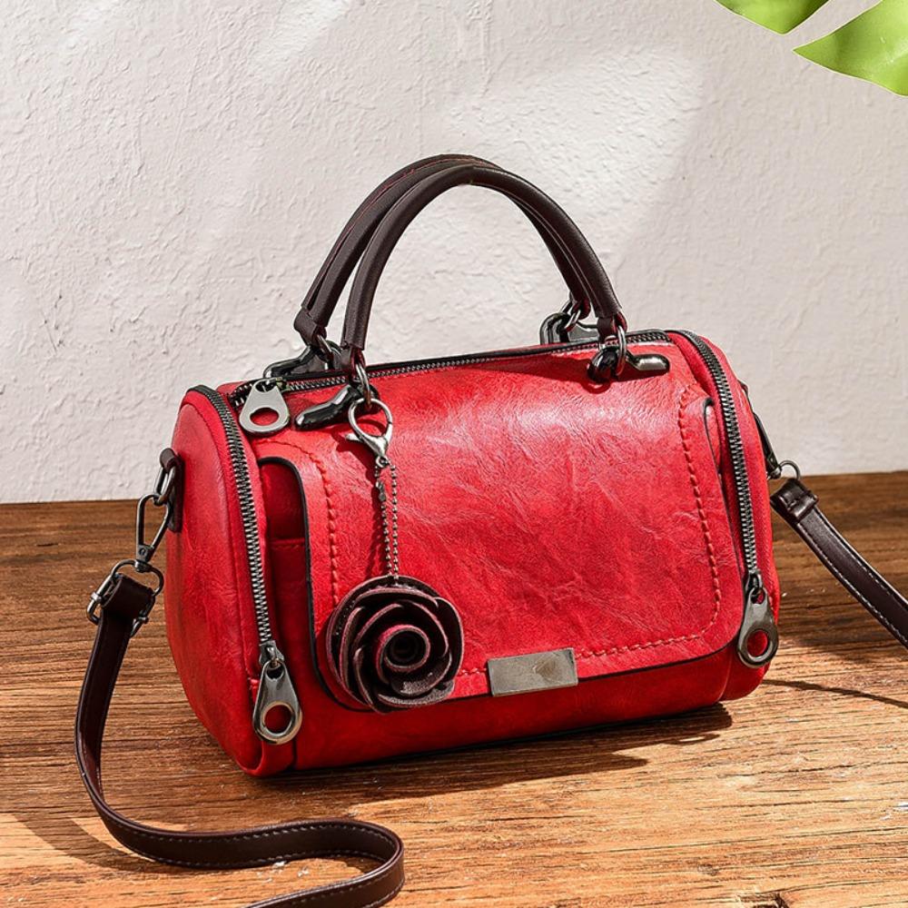 New Style PU Leather Shoulder Bag Solid Color Small Flower Pendant Leather Handbag Straddle Bag Women Use
