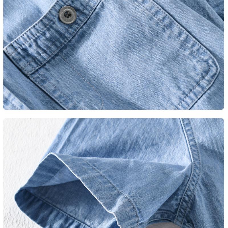 Летняя джинсовая рубашка с коротким рукавом, повседневная, в простом стиле, повседневная, джинсовая, мужская, топы, воротник с лацканами, карман, рубашка из чистого хлопка на пуговицах, молодежная, красивая