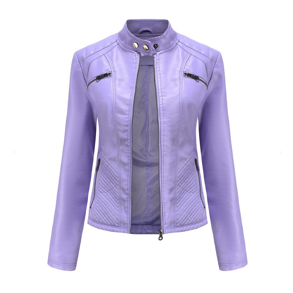 Ladies Autumn Winter Stand Collar Long Sleeve Slim Leather Pu Jacket S-3XL