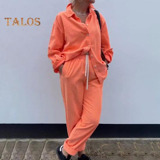 2 Pcs/Set Women Shirt Pants Set Turn-down Collar Single-breasted Long Sleeves Loose Top Drawstring Elastic Waist Wide Leg Trousers Sport Tracksuit