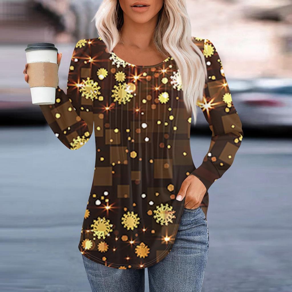 Женская повседневная и модная принтованная футболка с круглым вырезом и длинными рукавами, плиссированная футболка на Рождество