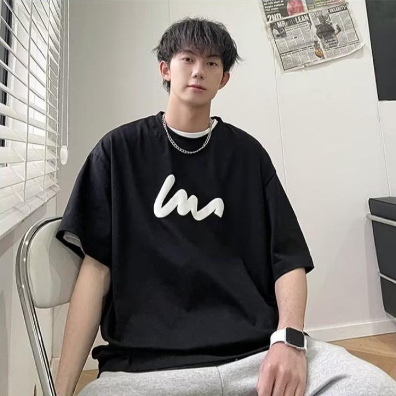 Plus Size M-8XL 2025 Men's Retro Korean Printed Short Sleeved Round Neck Loose Tee