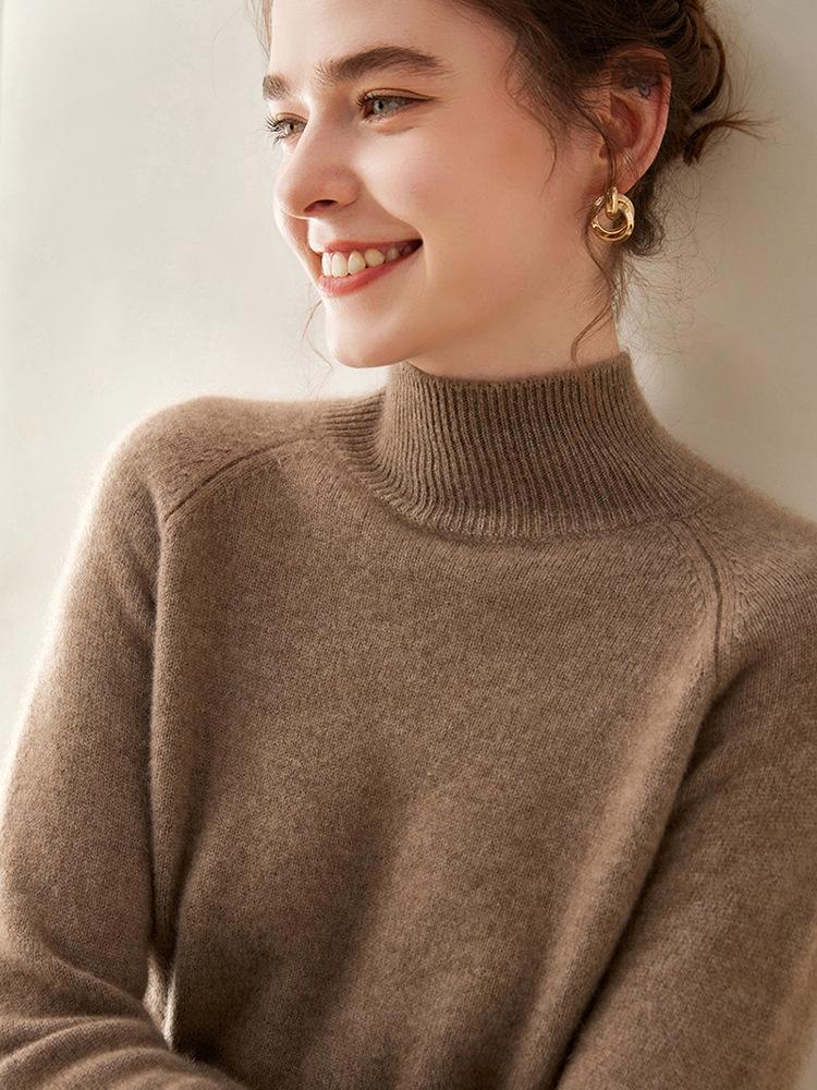 Women's 100% Pure Cashmere Soft Knit Sweater, Half-High Neck, Loose, Skin-Friendly, Slimming Base Layer
